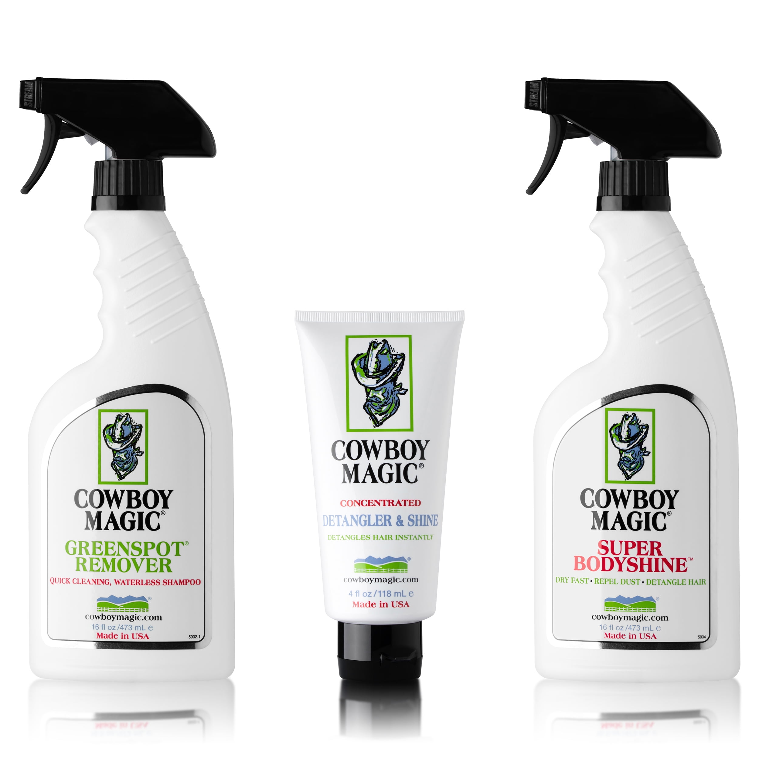 Cowboy Magic Grooming Bundle: Greenspot Remover, Super Body Shine & Detangler & Shine (16 Oz Each + 4 Oz)