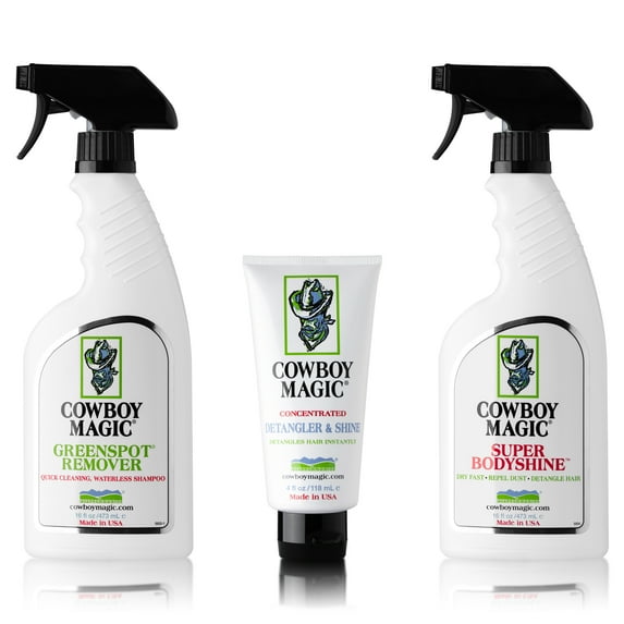 Cowboy Magic Grooming Bundle: Greenspot Remover, Super Body Shine & Detangler & Shine (16 Oz Each + 4 Oz)