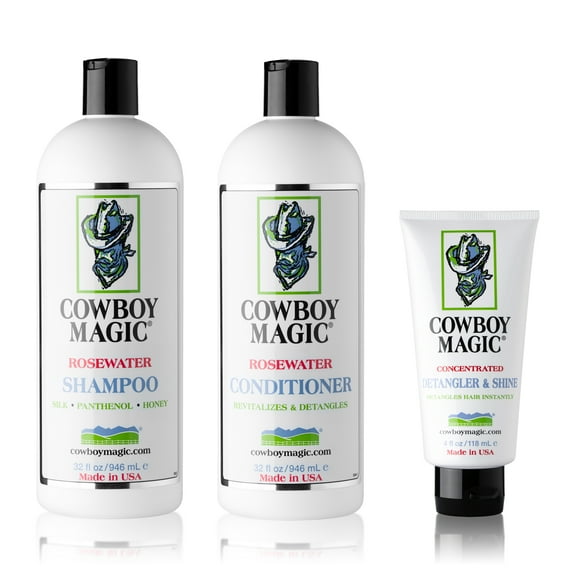 Cowboy Magic Shampoo & Conditioner (32 oz Each) + Detangler & Shine (4 oz)  Rosewater Herbal Blend for Silky, Smooth Hair