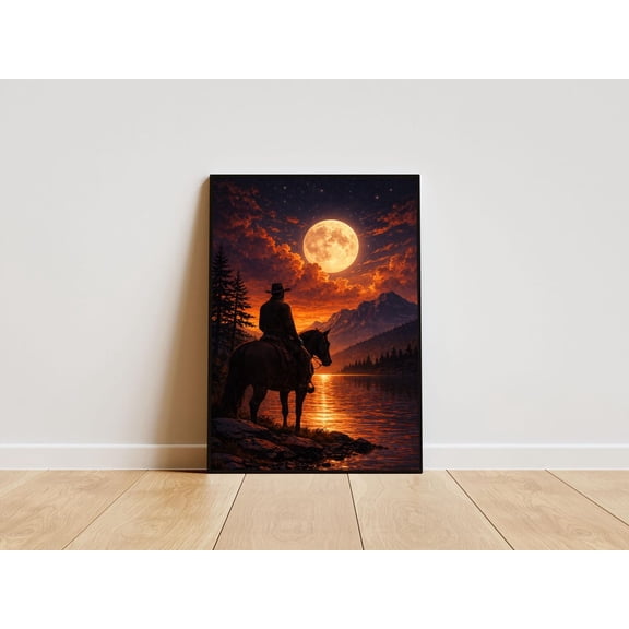 Cowboy Moonlight Wall Art, Western Landscape Poster, Full Moon Print Unframed Paper Print