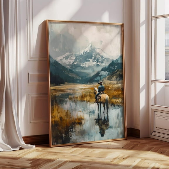Cowboy Mountain Landscape Wall Art – Western Horseback Rider Painting – Rustic Nature Print With Snow Peaks And Reflections Wall Art, Modern Wall Decor, 8x12 UNFRAMED