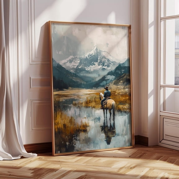 Cowboy Mountain Landscape Wall Art – Western Horseback Rider Painting – Rustic Nature Print With Snow Peaks And Reflections Wall Art Modern Wall Decor