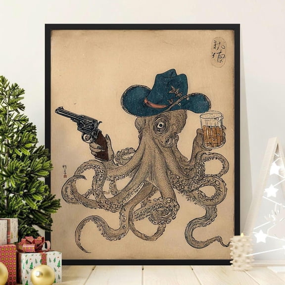 Cowboy Octopus Western Animal Poster Whimsical Sea Life Decoration, Unframed Canvas