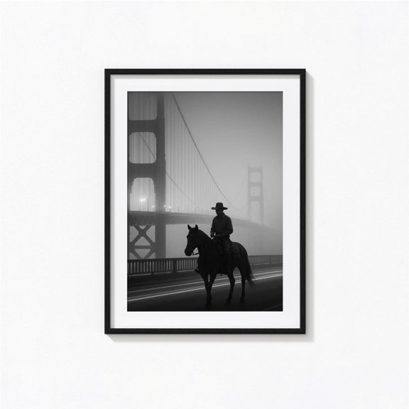 Cowboy On Highway Bridge Overpass Black and White Western Photography Wall Art, Unframed Poster