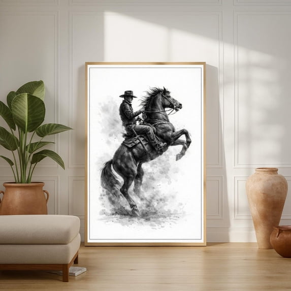 Cowboy On Horse Ink Wash Art Monochrome Western Poster , Poster Print ...