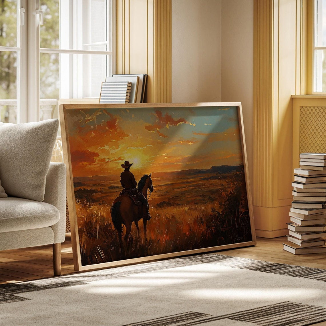 Cowboy On Horseback At Sunset Wall Art Print – Western Landscape ...
