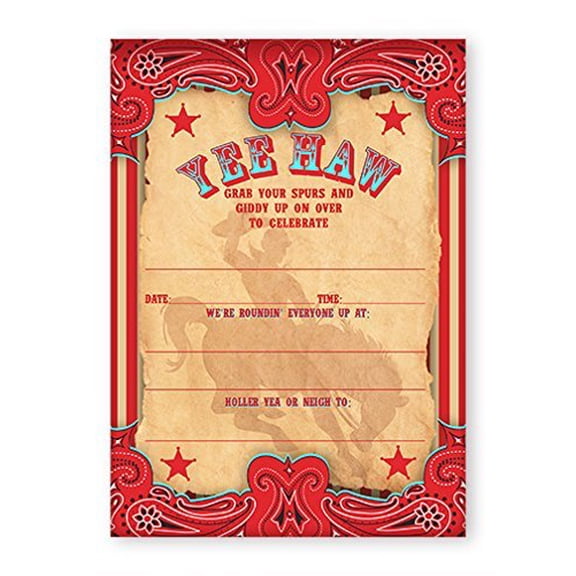 Cowboy Party LARGE Invitations - 10 Invitations + 10 Envelopes