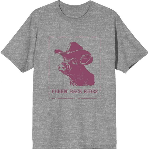 Cowboy Pig "Piggin' Back Rides" Adult Heather Gray Crew Neck Short Sleeve Tee-Medium