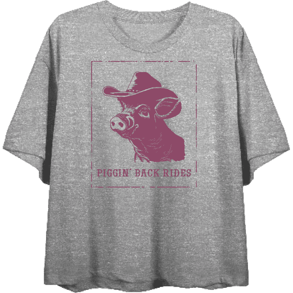 Cowboy Pig "Piggin' Back Rides" Adult Heather Gray Crew Neck Short Sleeve Top-Medium