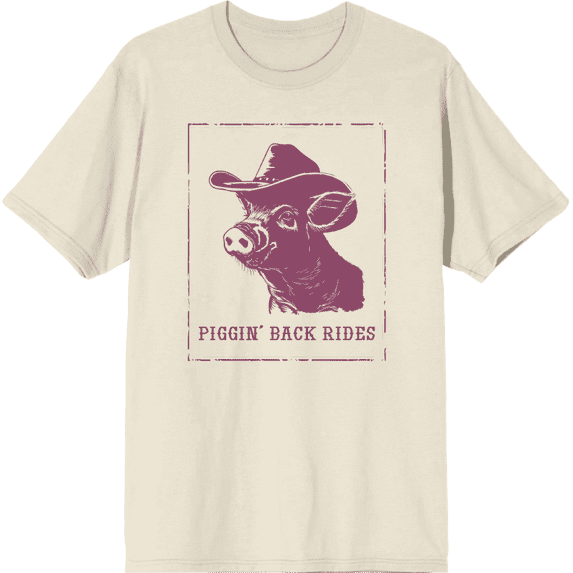Cowboy Pig "Piggin' Back Rides" Adult Natural Crew Neck Short Sleeve Tee-Medium