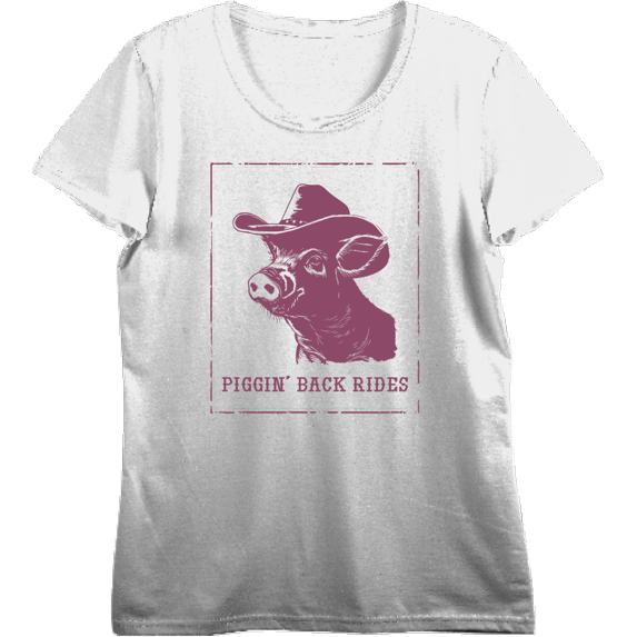Cowboy Pig "Piggin' Back Rides" Adult Vivid White Crew Neck Short Sleeve Top-3XL