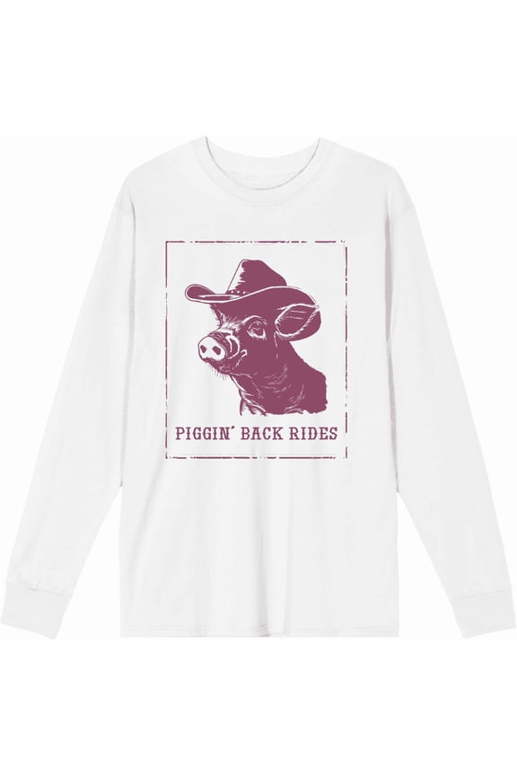 Cowboy Pig "Piggin' Back Rides" Adult White Crew Neck Long Sleeve Tee-Medium