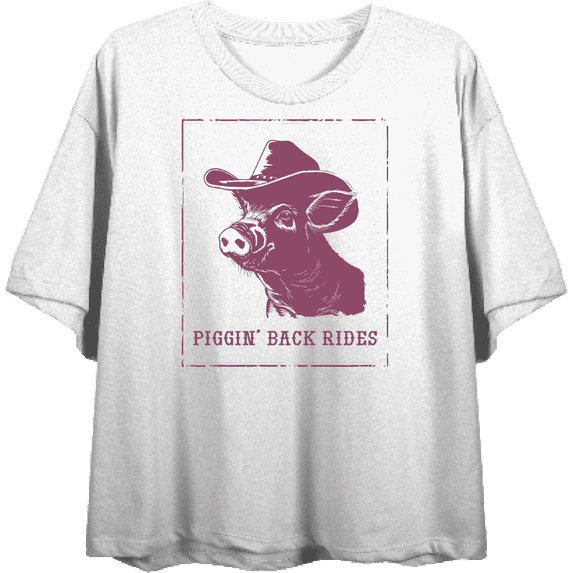 Cowboy Pig "Piggin' Back Rides" Adult White Crew Neck Short Sleeve Top-Large