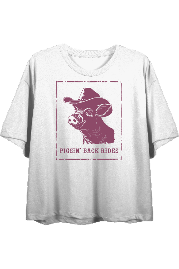 Cowboy Pig "Piggin' Back Rides" Adult White Crew Neck Short Sleeve Top-XS