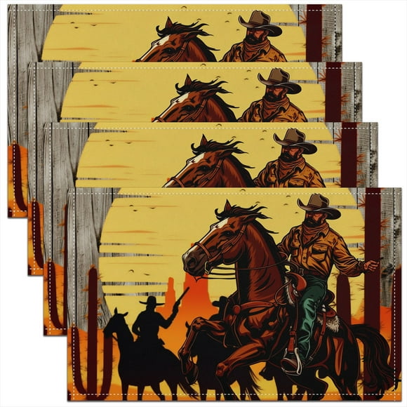 Cowboy Placemats for Dining Table Set of 4, Western Country Style Horse Place Mats 12x18 Inch for Restaurant,Sunset Landscape Kitchen Table Mats Easy to Clean