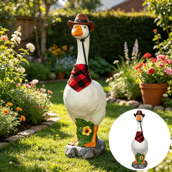 Large Porch Goose Statue– 14” Realistic Hollow Plastic Garden Goose with Removable Cowboy Hat & Bandana Stone Base with Sand-Fillable Design for Outdoor Stability