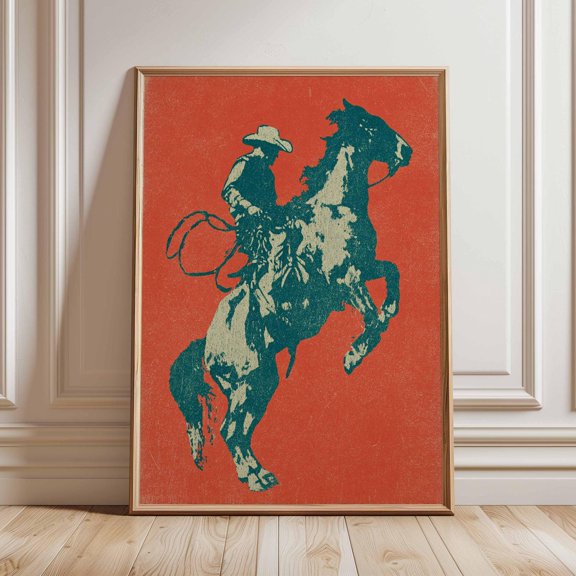 Cowboy Poster, Western Wall Art, Rustic Horse Rider Print, Vintage Rodeo Decor, Bold Red Minimal Design, Americana Country Artwork, Collection , Asian Decor, Artwork, Unfreamed 18x24