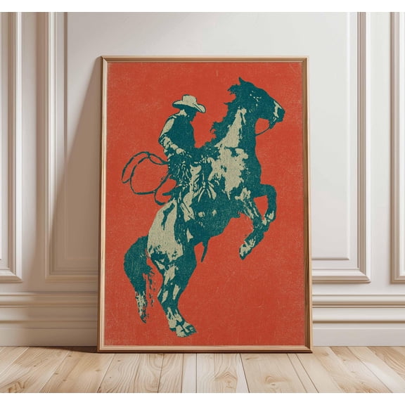 Cowboy Poster, Western Wall Art, Rustic Horse Rider Print, Vintage Rodeo Decor, Bold Red Minimal Design, Americana Country Artwork