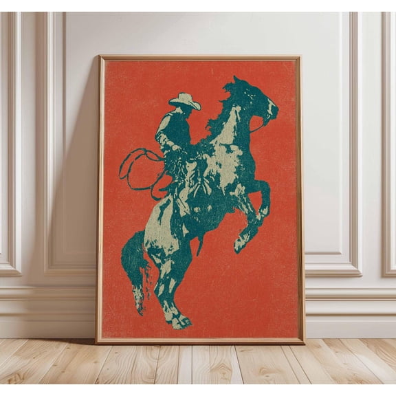 Cowboy Poster, Western Wall Art, Rustic Horse Rider Print, Vintage Rodeo Decor, Bold Red Minimal Design Unframed Paper Print