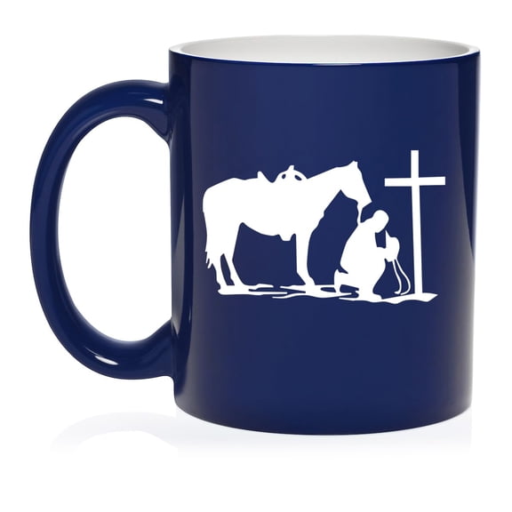 Cowboy Praying Cross Horse Ceramic Coffee Mug Tea Cup Gift for Him, Friend, Coworker, Husband (11oz Blue)