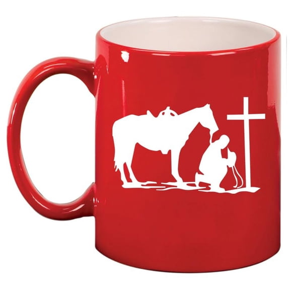 Cowboy Praying Cross Horse Ceramic Coffee Mug Tea Cup Gift for Him, Friend, Coworker, Husband (11oz Red)