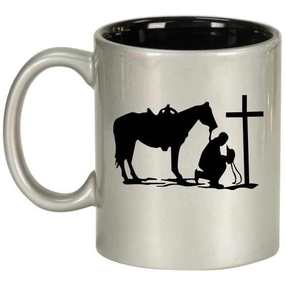 Cowboy Praying Cross Horse Ceramic Coffee Mug Tea Cup Gift for Him, Friend, Coworker, Husband (11oz Silver)