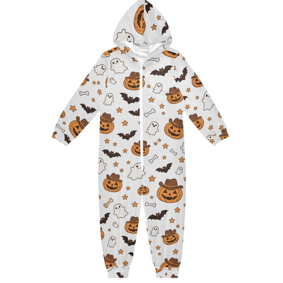 Cowboy Pumpkin Bat Boys & Girls Hooded One-Piece Pajamas Warm Crystal velvet Hooded Long Sleeve Loungewear Jumpsuit Unisex