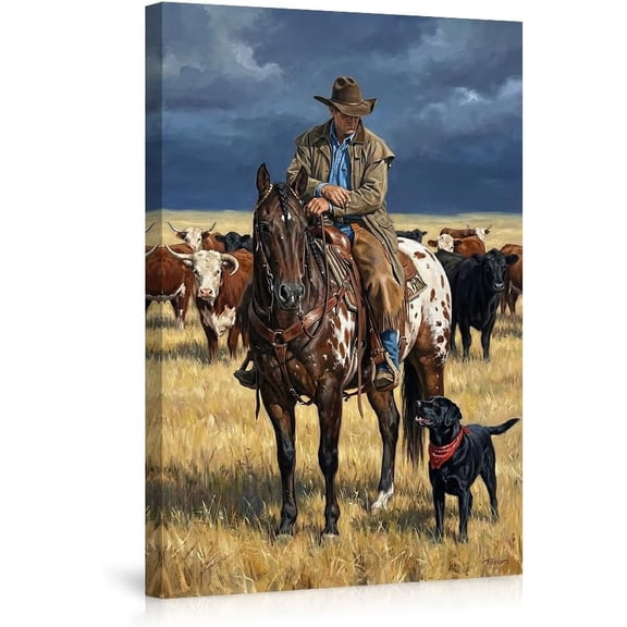 Cowboy Ranch Scene Wall Art Canvas Prints,Western Horse Herding Cattle with Black Dog Poster Decor for Living Room Bedroom Farmhouse Style--