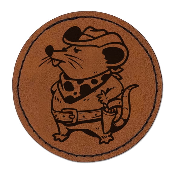 Cowboy Rat Mouse Western with Hat Bandana Round Iron-On Engraved Faux Leather Patch Applique - 2.5 Inch - Brown
