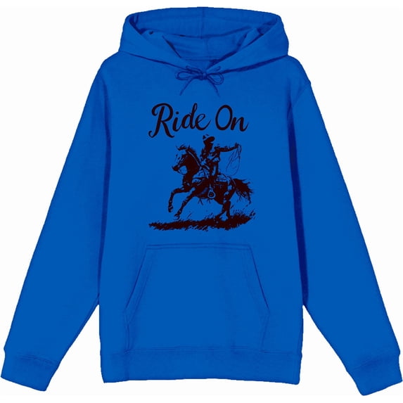 Cowboy "Ride On" Adult Blue Long Sleeve Hoodie-Large