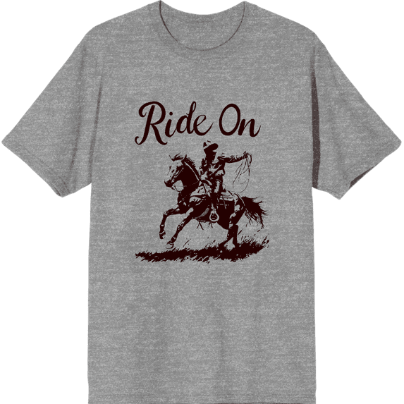 Cowboy "Ride On" Adult Heather Gray Crew Neck Short Sleeve Tee-Medium