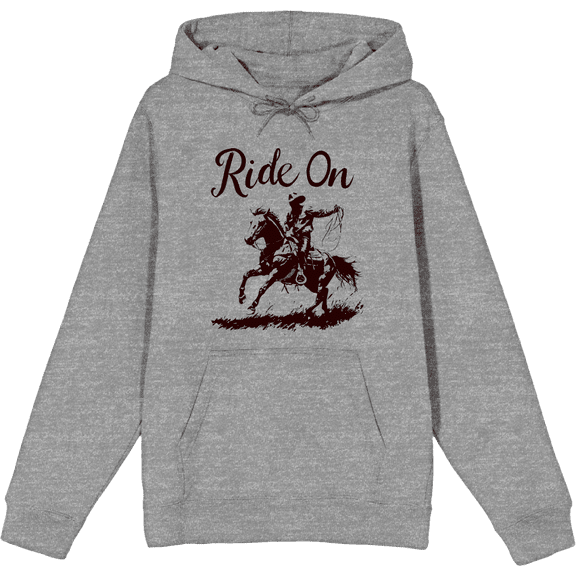 Cowboy "Ride On" Adult Heather Gray Long Sleeve Hoodie-Medium
