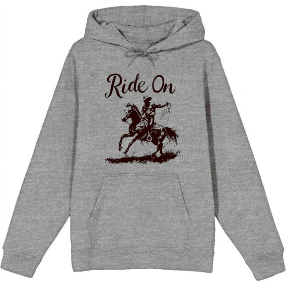 Cowboy "Ride On" Adult Heather Gray Long Sleeve Hoodie-Medium