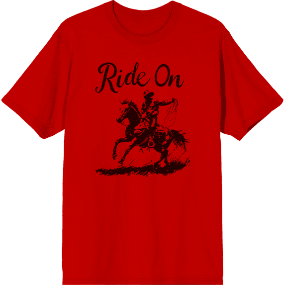 Cowboy "Ride On" Adult Red Crew Neck Short Sleeve Tee-Medium