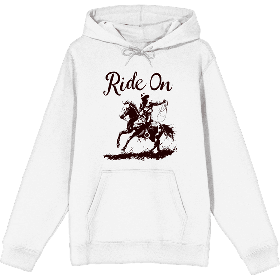Cowboy "Ride On" Adult White Long Sleeve Hoodie-Medium