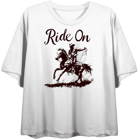 Cowboy "Ride On" Women's White Crew Neck Short Sleeve Top-XXL