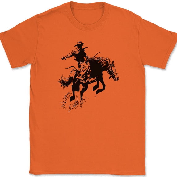 Cowboy Riding A Horse T-Shirt Up Cowgirl Graphic Country Hat Boots Tee - Orange, S