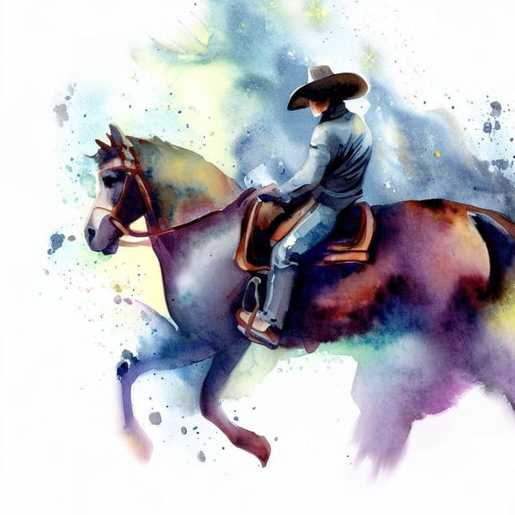 Cowboy Riding A Horse Watercolor Painting II - 12" x 12" Wall Decor