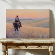 Cowboy Riding Through Golden Prairie At Sunset   Soft Pastel Western Landscape Wall Art   Peaceful Country Horizon Scene Wall Art, Modern Wall Decor, 8x12 UNFRAMED