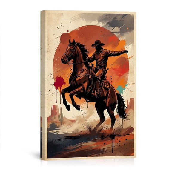 Cowboy Riding Horse In Desert Sunset Western Wild West For Living Room Bedroom Man Cave Canvas