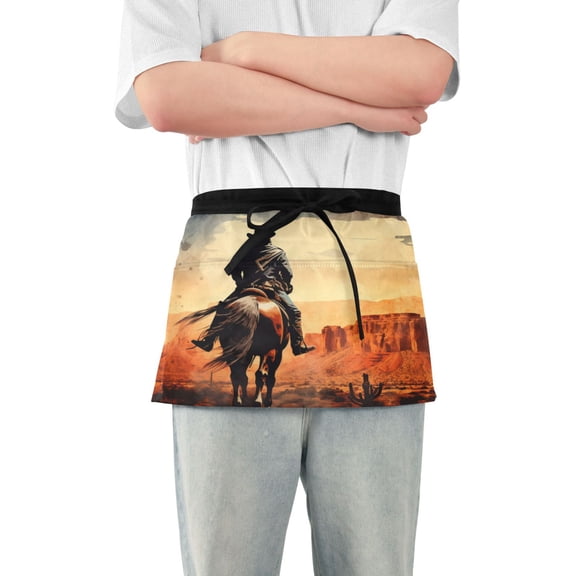 Cowboy Riding Horse Server Apron with 3 Pockets Waterproof Waitress Waist Short Apron for Man Woman 12 Inches