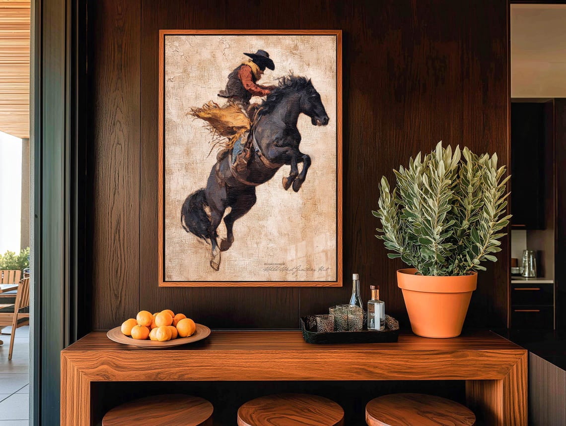 Cowboy Riding Horse Western Print, Rustic Western Art Poster For Ranch ...
