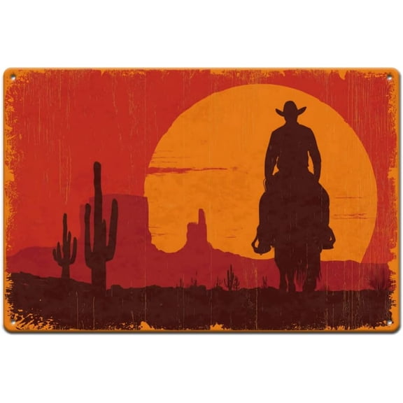 Cowboy Riding Metal Signs Western Tin Sign Desert Sunset Cowboy Wall Plaques Funny Iron Poster Art for Man Cave Home Living Room