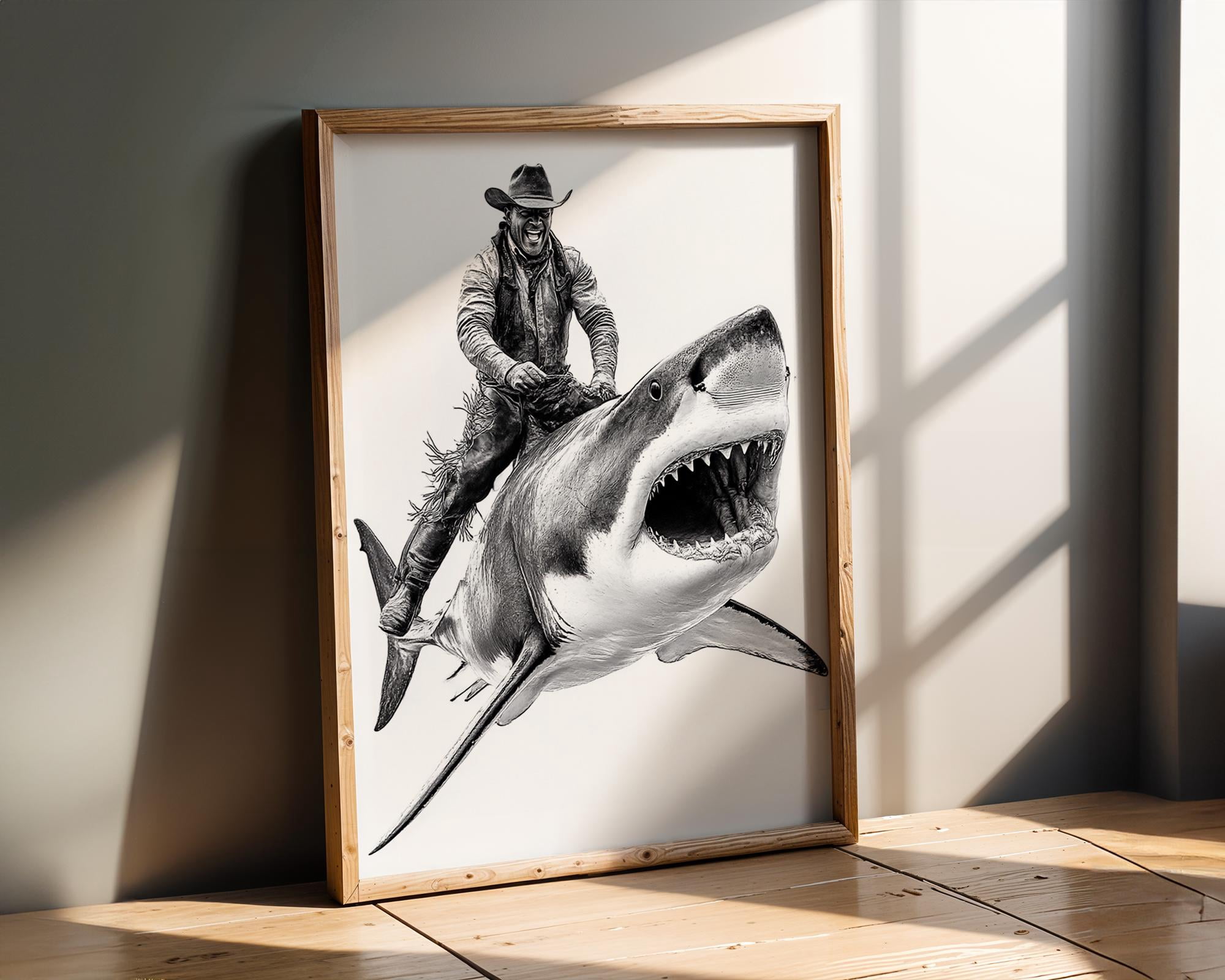 Shark Project Drawings Cowboy Riding Shark Art Bold Poster , Poster Print Only - Walmart.com