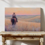 Cowboy Riding Through Golden Prairie At Sunset   Soft Pastel Western Landscape Wall Art   Peaceful Country Horizon Scene Wall Art Poster, Poster Only