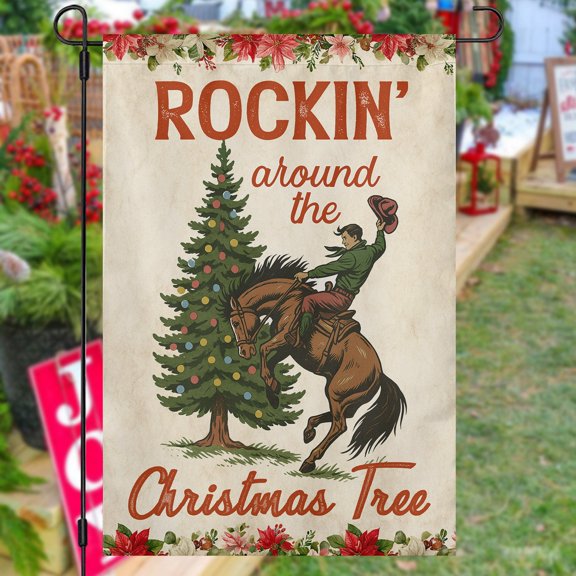 Cowboy Rodeo Rockin Around Winter Tree Yard Decor For Cowboys, 12x18 POLE NOT INCLUDED