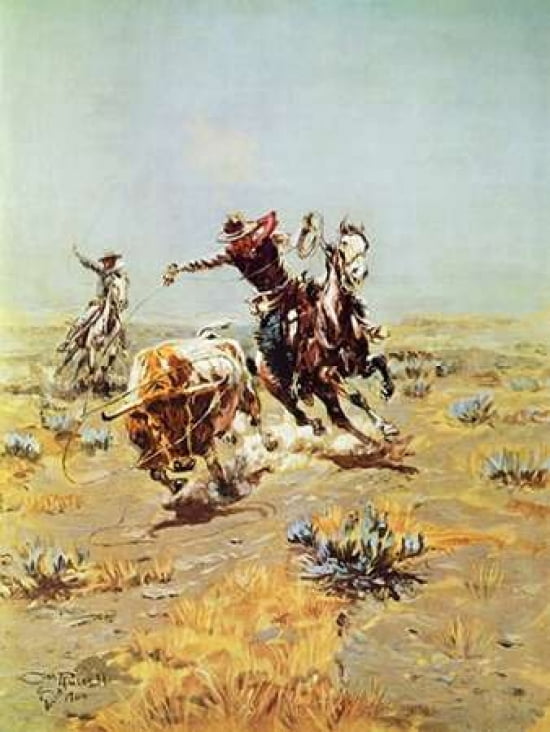 Cowboy Roping A steer Canvas Art - Charles M Russell (18 x 24)