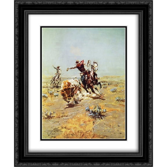 Cowboy Roping a Steer 2x Matted 20x24 Black Ornate Framed Art Print by Russell, Charles M.