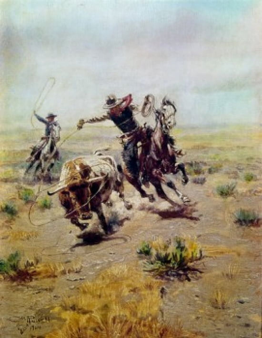 Cowboy Roping a Steer (In SW of the US CA 1860) Charles Marion Russell (1865-1926 American) Canvas Art - Charles Marion Russell (18 x 24)