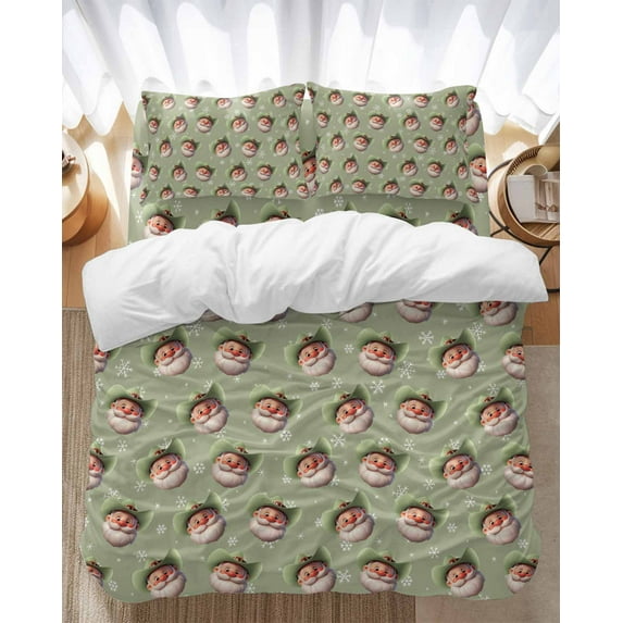 Cowboy Santa Claus Bedding Duvet Cover Set Queen Size 4 Pieces Christmas Xmas Snowflake Sage Green Bedding Set with Zipper Closure, 1 Comforter Cover 90x92 Inches 1 Flat Sheet & 2 Pillow Cases